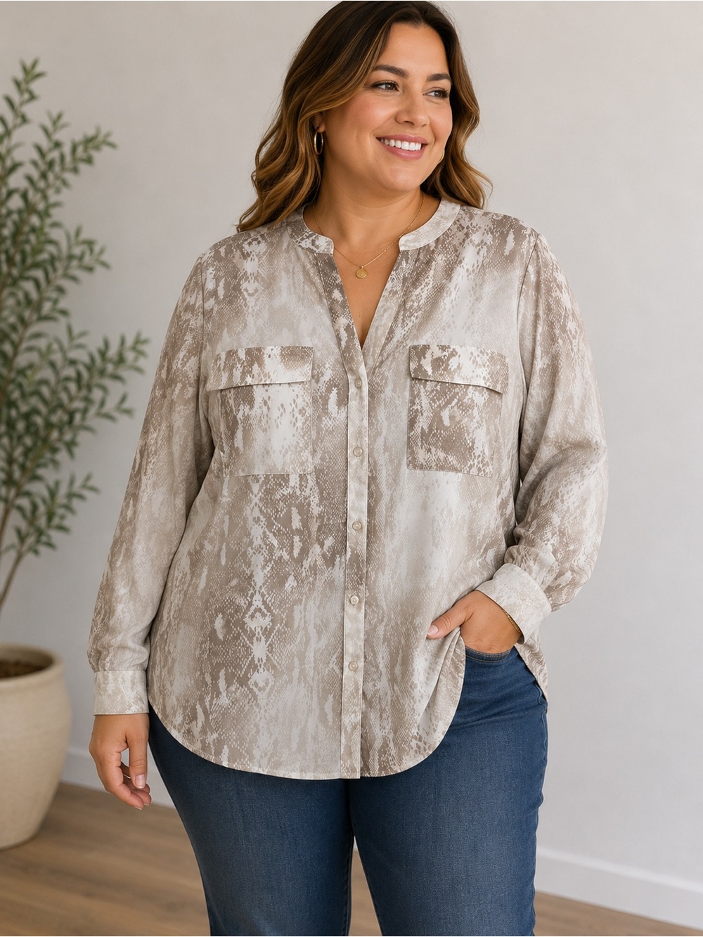 CALVIN KLEIN Snake Print Button Front Blouse | Plus Size